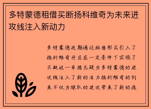 多特蒙德租借买断扬科维奇为未来进攻线注入新动力 多特蒙德租借买断扬科维奇为未来进攻线注入新动力