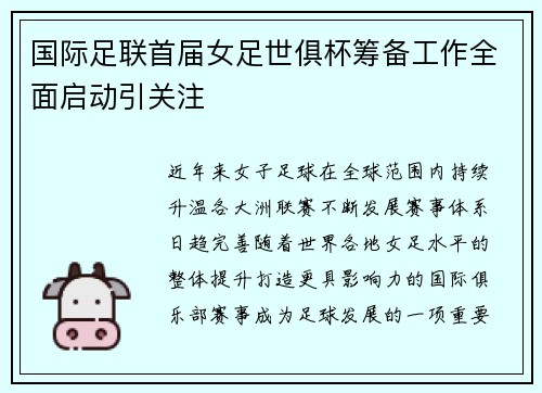 国际足联首届女足世俱杯筹备工作全面启动引关注